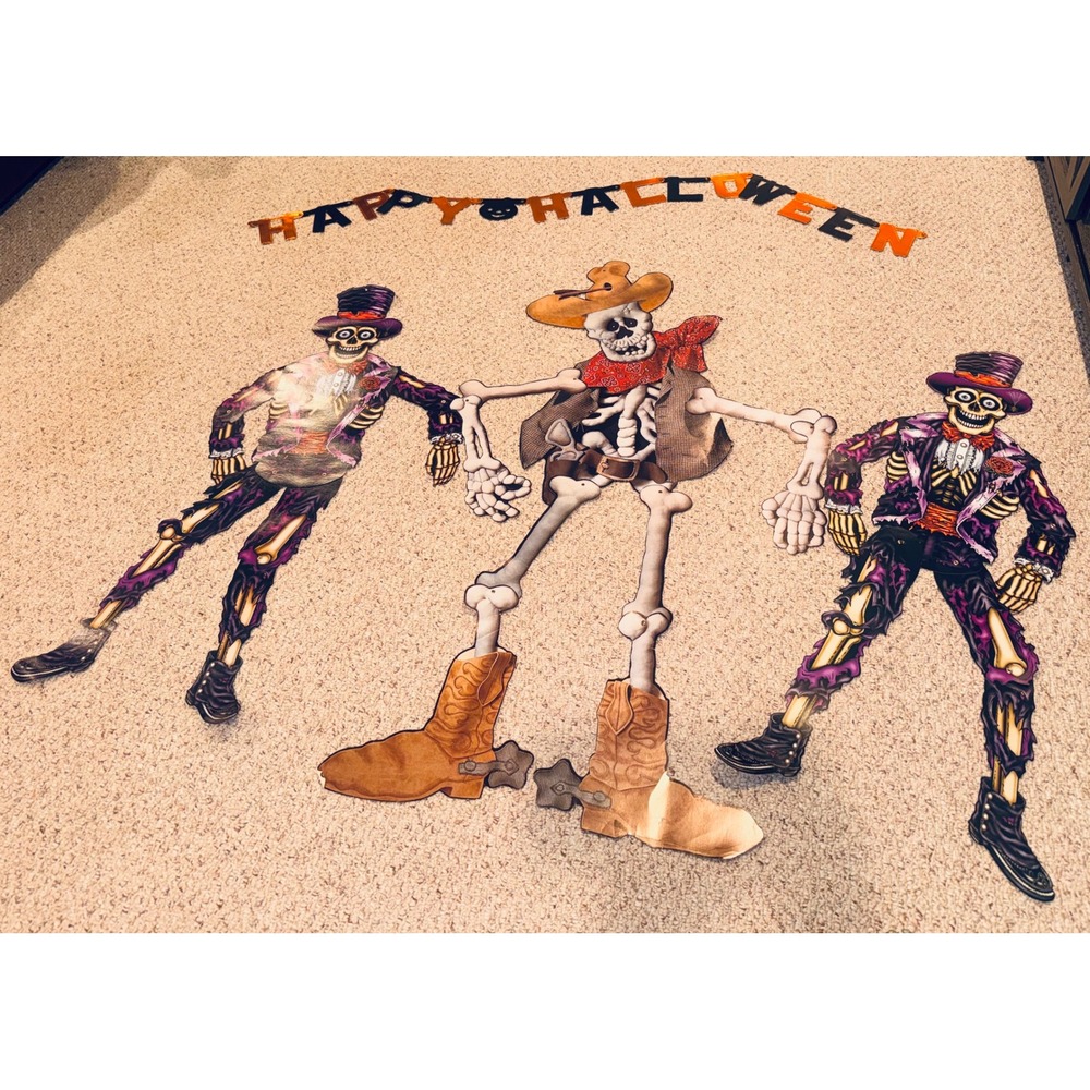 Vintage 2002 Beistle Skeleton Jointed Cutouts Y2K Halloween Decor Cowboy Dapper